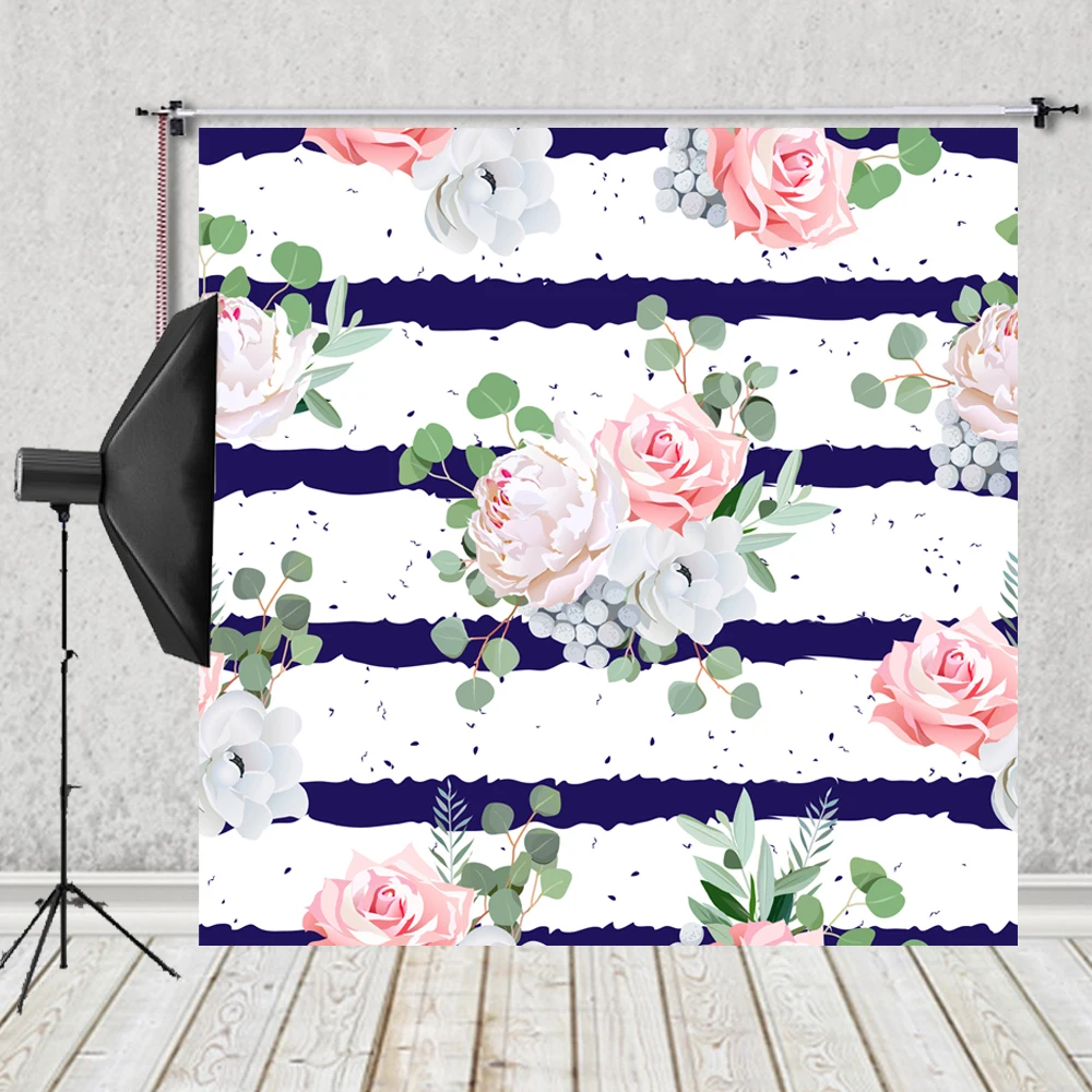 HUAYI Pink Rose Flower Backdrops for Photography Floral Background Blue stripes Baby shower banner Spring party decor LW-1121 |