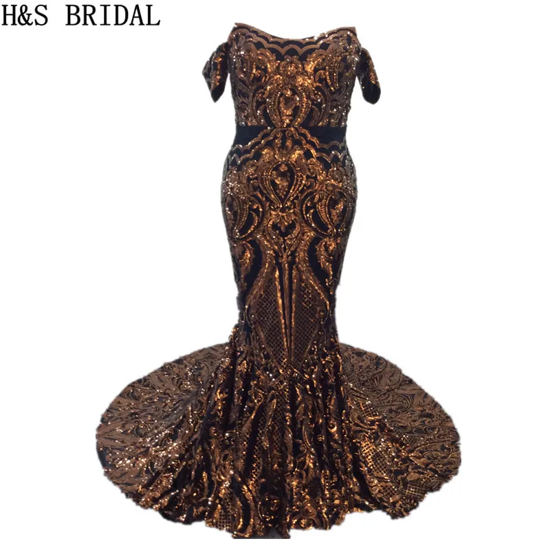 H&ampS BRIDAL Off Shoulder Mermaid Prom Dresses Gold Sequin Luxury Vintage Arabic Evening 2020 Plus Size robe de mariee | Свадьбы и