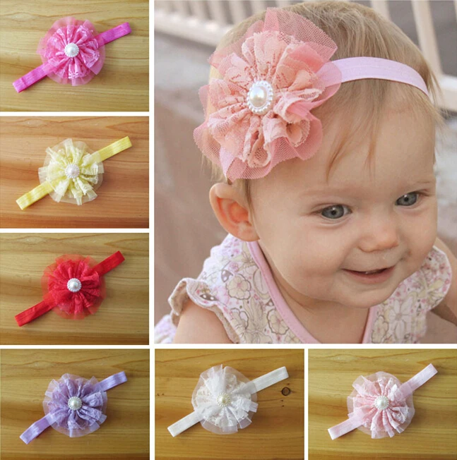 

60 PCS/lot Lace flower Headbands with pearl center