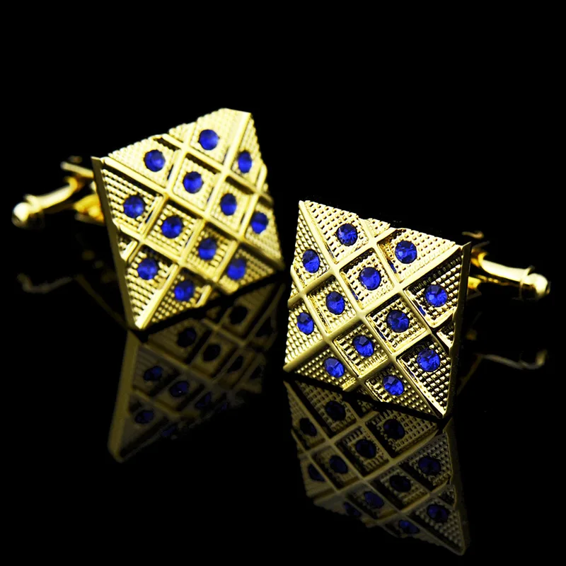 Bridegroom Wedding Party Business Men French Shirts Cuff Links Royal Blue Crystal Zircon Cufflinks Golden Cufflink With Gift Bag | Украшения
