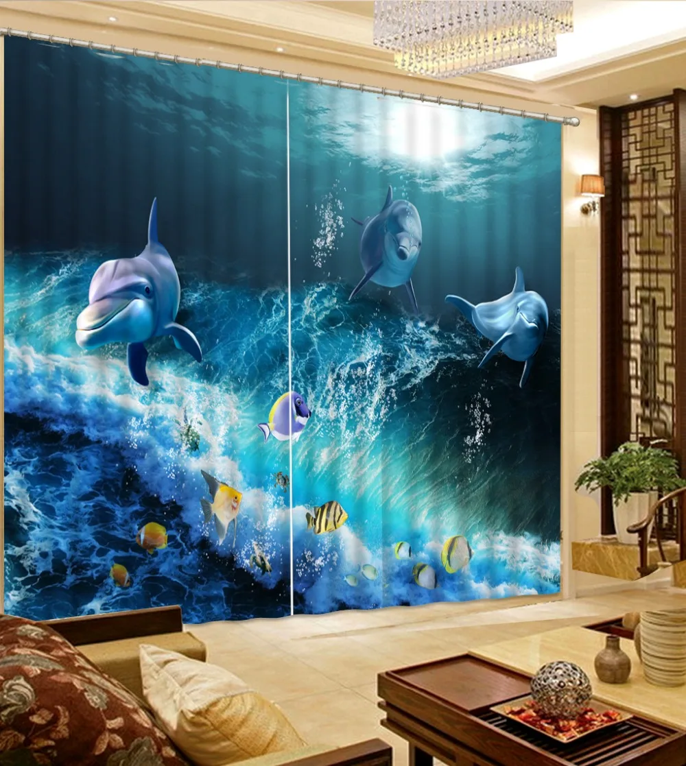

Photo 3D Curtains for Living Room Window OCEAN DOLPHIN 3D curtains