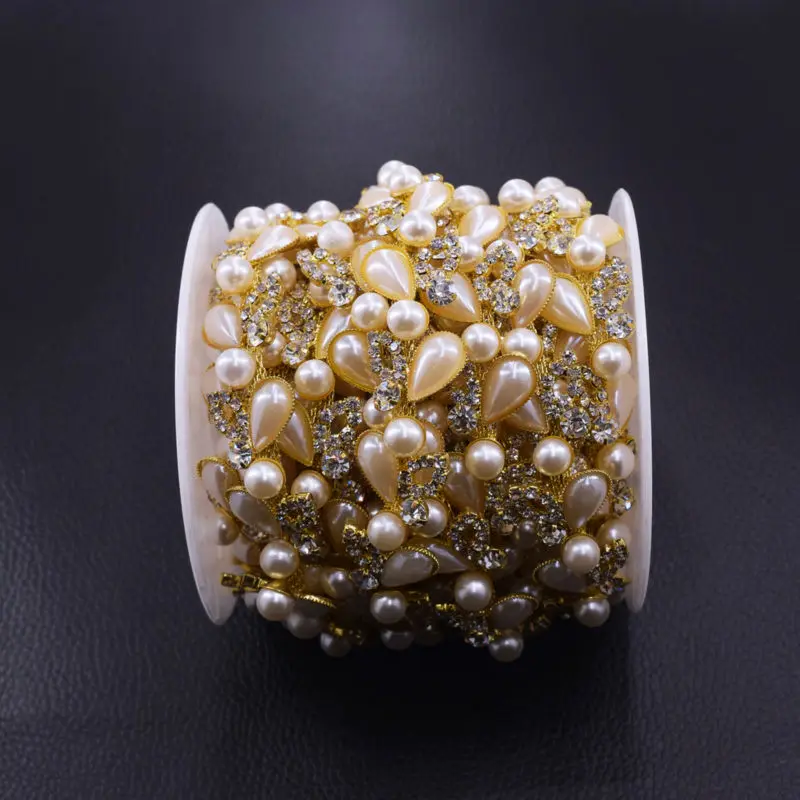 10 ярдов бежевый капельный жемчуг Стразы пришивные украшения позолоченные