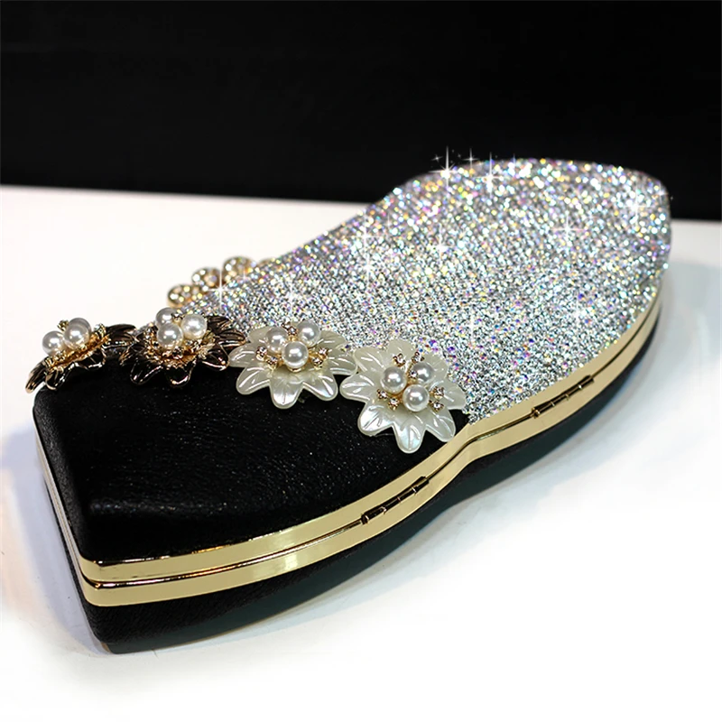 Luxury Handbag Crystal Clutch Women Bridal Wedding Shoulder Bag Floral Genuine Leather Rhinestone Purse Chain Evening Party Bags
