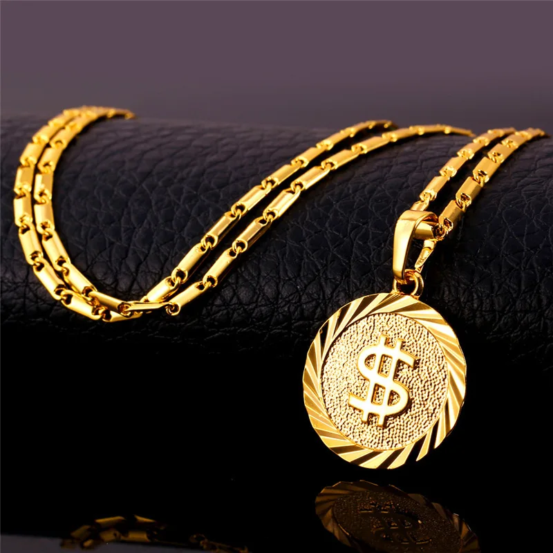 

U7 Gold Coin Pendant US Dollar Sign Necklace for Women Men Fashion Jewelry
