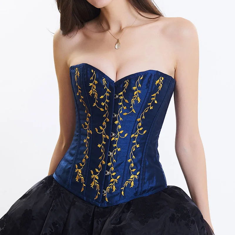 Синий/золотистой вышивкой атласное в викторианском стиле корсет со стальными