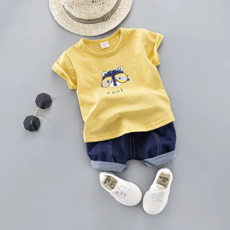 JIOROMY 2019 Children's Garment Short Sleeve Suit Stripe Cartoon Twinset Male Girl Children |