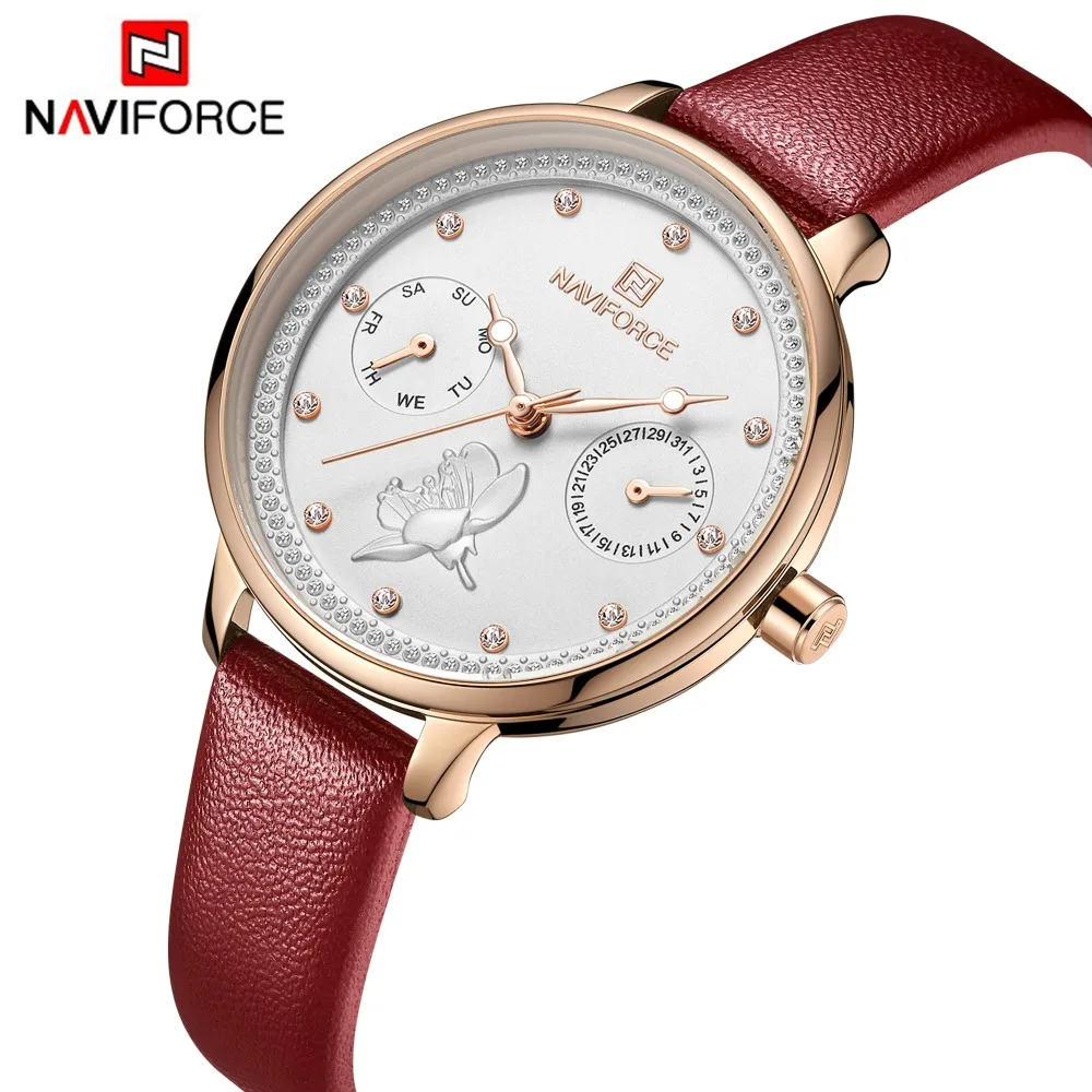 NAVIFORCE часы женские модные кварцевые Дамские кожаные ремешок для часов Дата Неделя повседневные 30 м Водонепроницаемые наручные часы подарок для девушки горячая распродажа