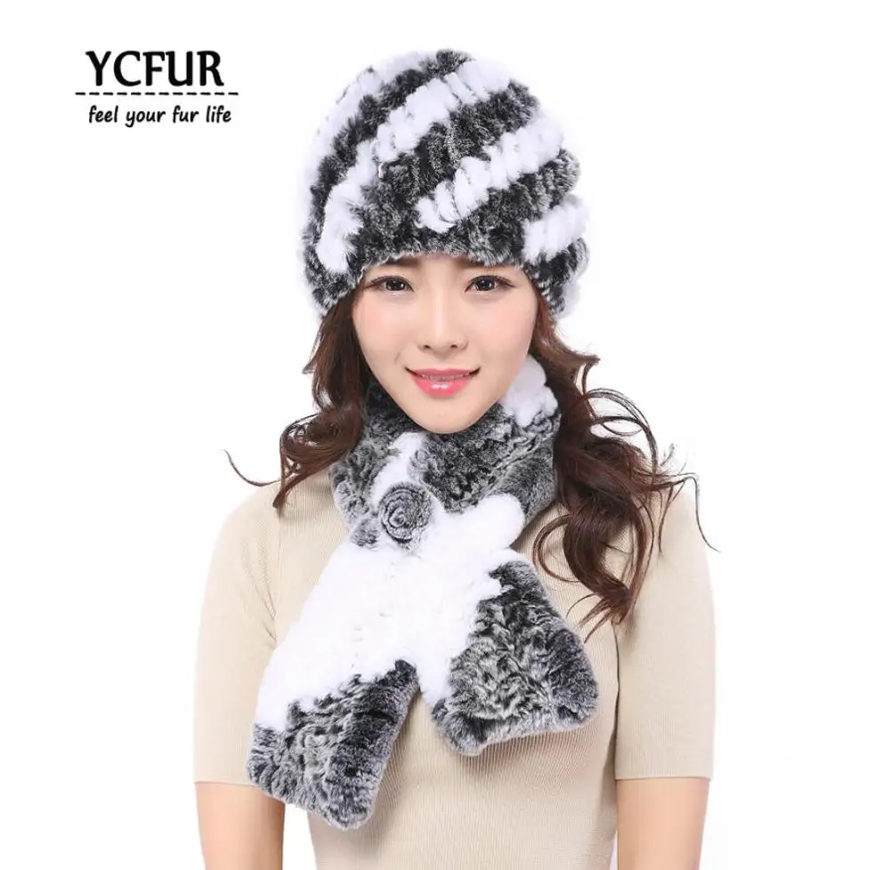 white grey YC Для женщин наборы шарф шапка вязаная меха кролика рекса шапки бини шапки Шапки шарфы женский шарф из настоящей шерсти кролика, меховые шапки и шарфа для девушек - Цвет: white grey