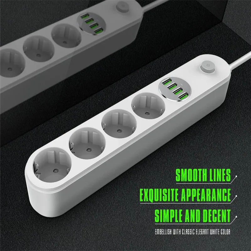 Удлинитель питания PLYMOTON с 4 розетками переменного тока USB портами и защитой от