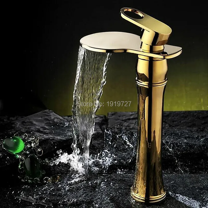 

100% Luxury Style Waterfall Spout Faucet Wels Vessel Sink Mixer Tap 2016 Factory Direct Lead Free Copper Golden