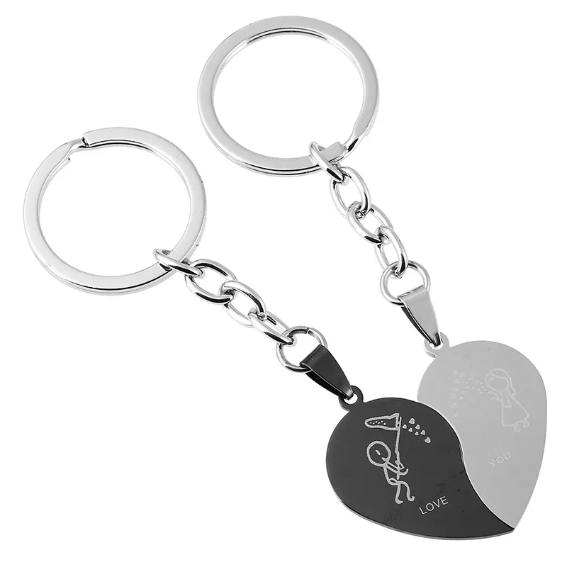 

2 Pcs Cute Comic Couple LOVE YOU Letter Heart-shape Keychains Black Stainless Steel Half Heart Silver Key Chains For Lovers Pair