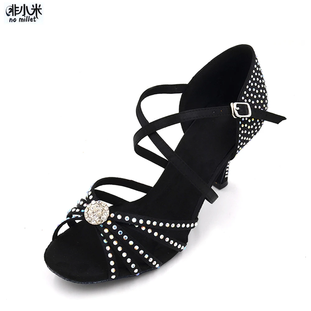 No Millet Women Ballroom Dance Shoes Latin Salsa Bachata Performance Rhinestone Black Satin Dancing for Lady | Спорт и развлечения