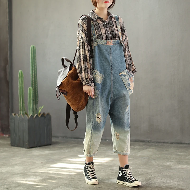 

Women Vintage Printed Flower Casual Loose Jumsuits Denim Pants Ladies Bleached Retro Plus Size Denim Overalls Rompers H75