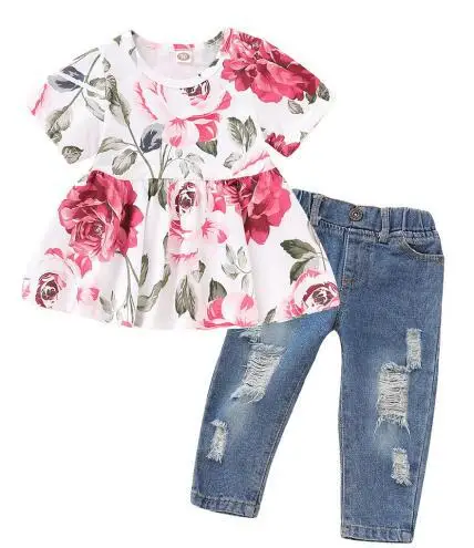 Бежевый Girls Denim Suit Hot New Floral Long-sleeved Girls Clothes Waist Shirt Hole Cow Children Flower Print Set - Цвет: Бежевый