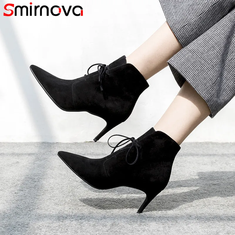 Smirnova/Модные ботильоны Женские замшевые ботинки на шнуровке с острым носком Обувь