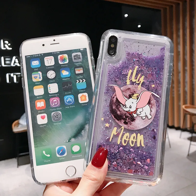Cartoon Fly Moon Dumbo Elephant Glitter Phone Case for Iphone X XR XS MAX 6 6S 7 8 Plus Dynamic Quicksand Liquid Soft Back Cover |