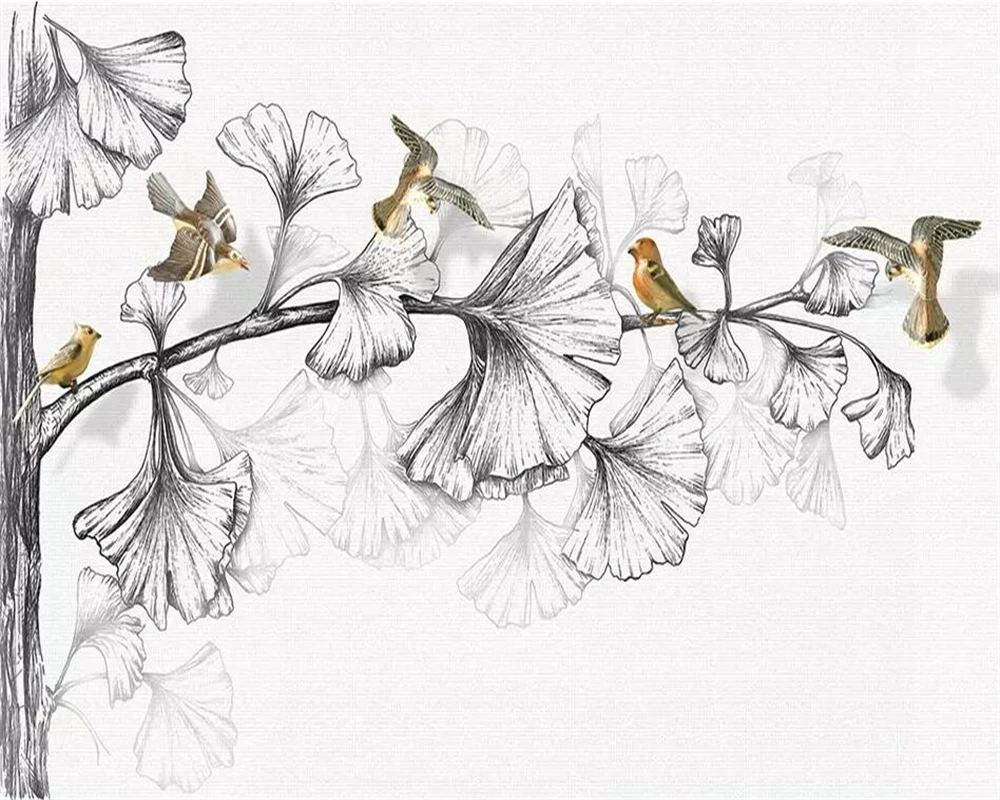 3D обои на заказ однотонные с рисунком листьев гинкго | Строительство и ремонт