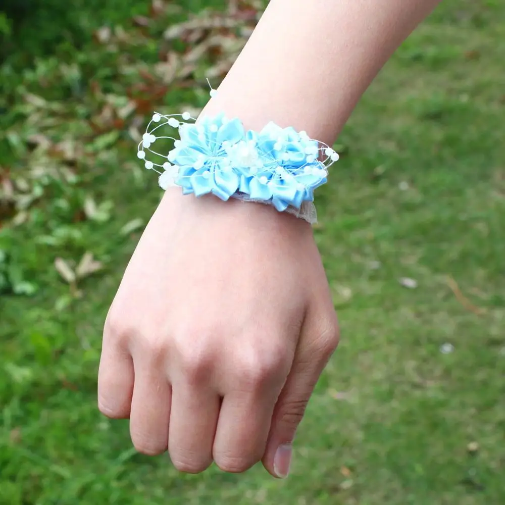 light blue Жемчужный Свадебный корсаж из бисера, искусственные цветы цвета слоновой кости, браслет для подружки невесты, свадебные корсажи, браслет ручной работы SW0679 - Цвет: light blue