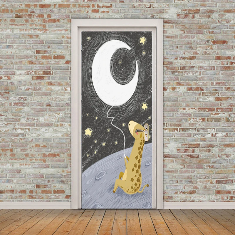 

Cartoon Giraffe Moon Night scene Door Stickers Mural PVC Self-adhesive Waterproof Bedroom WallPaper Living Room home Decoration