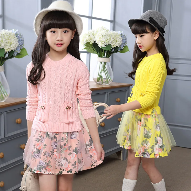 2019 new Autumn girl Dress children clothing fashion patchwork kintted floral princess dress kids girls clothes age 3-15Y | Детская
