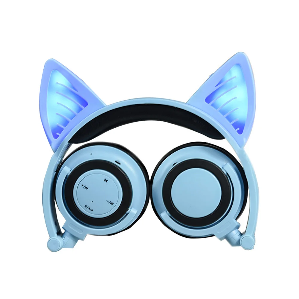 Новые милые кошачьи ушки, мигающие наушники, стерео Bluetooth наушники, косплей, Накладные наушники с шумоподавлением, складные для смартфона - Цвет: Синий