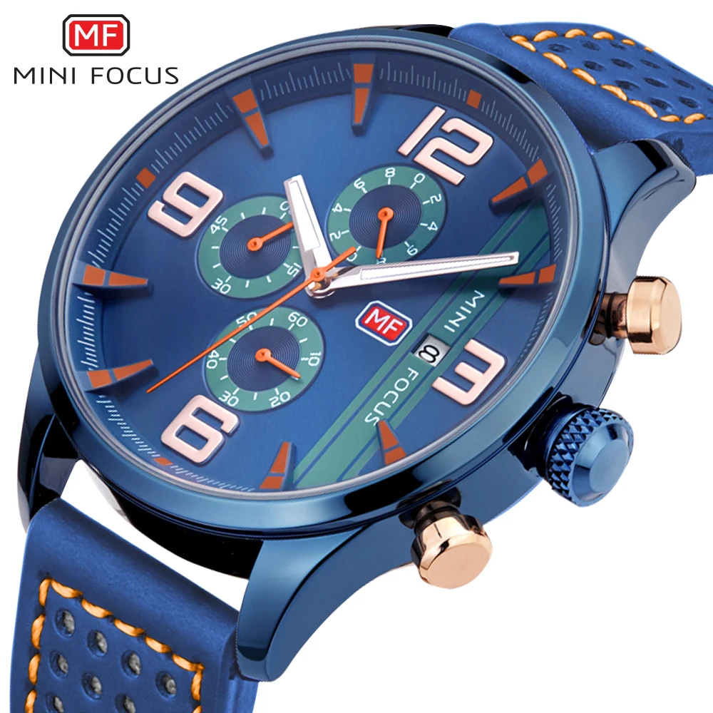 

MINI FOCUS Marine Fashion Quartz Watch Men Leather Strap Chronograph 3 Dials 6 Hands Calendar Top Brand Luxury Wristwatches 2019