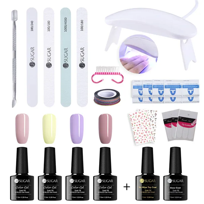 4colors-Set3 UR SUGAR Full Manicure Nail Set 6W UV LED Lamp with 7.5ml Semi Permanant Color UV Gel Polish Top Base Coat Nail Art Tools Kit - Цвет: 4colors-Set3