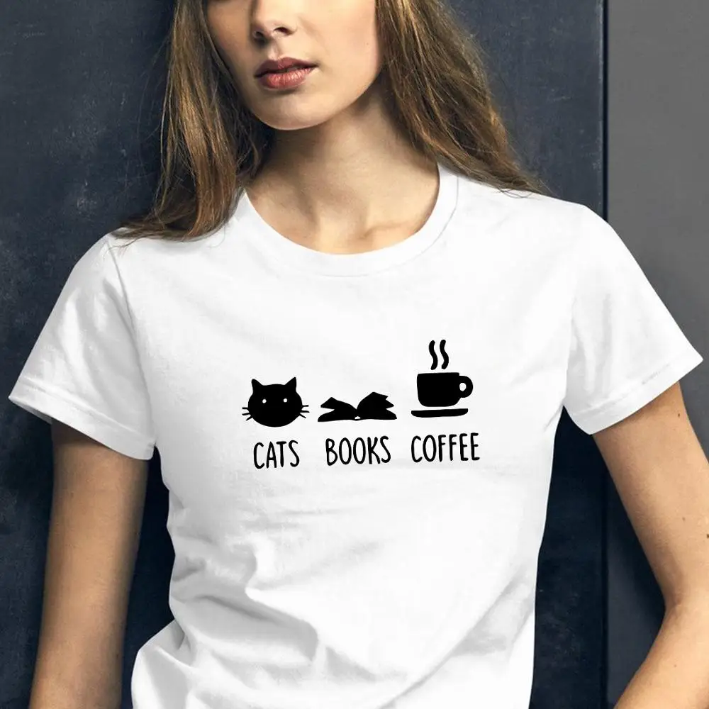 Футболка женская хлопковая с рисунком кошки книги кофе | Женская одежда