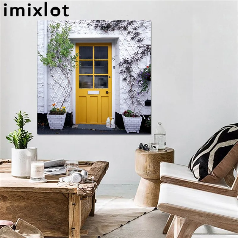 Imixlot стены искусства улица желтая дверь с цветами окна холст живопись Фотографии