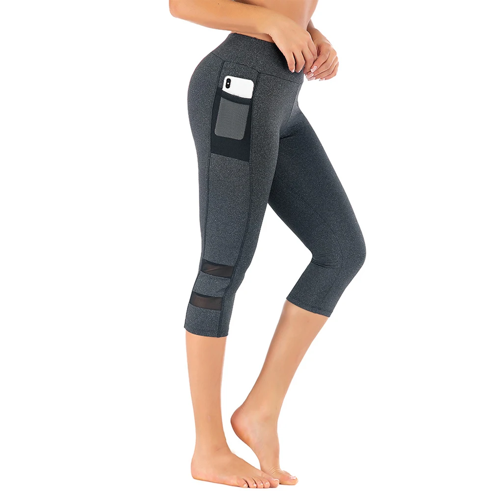 deep grey Loozykit женские спортивные Леггинсы для фитнеса большого размера капри штаны для йоги с карманом сетчатые лоскутные брюки для бега - Цвет: deep grey
