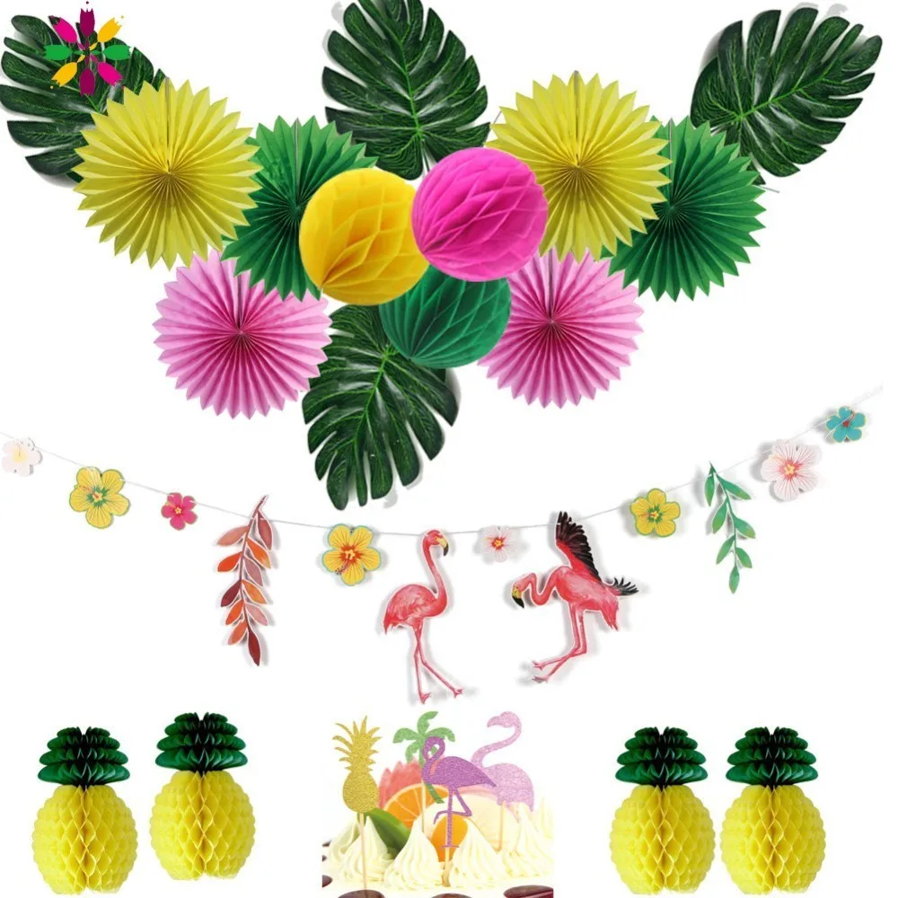 

Hawaiian Party Decorations 15pcs/set With Flamingo Garlands Palm Leaves Cake Topper For Beach Summer Tropical Party Supplies