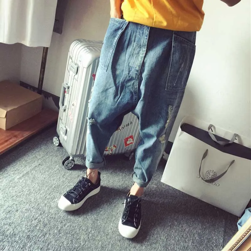 Loose Baggy Harem Jeans Men Hip Hop Ripple Jeans Denim Pants Streetwear Low Crotch Distressed Jeans Blue Trousers Male Clothes