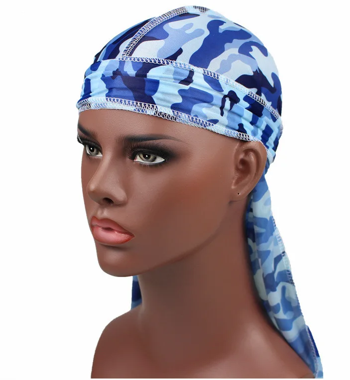 Для мужчин длинный хвост банданы камуфляж шелковистый Durags тюрбан Кепки крышка головки бандана повязка на голову шапка моды модный головной убор-бандана