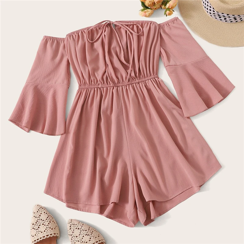 Dotfashion розовый однотонный комбинезон с завязками спереди и открытыми плечами для женщин летний повседневный комбинезон с рукавами-воланами для девушек с высокой талией и широкими штанинами