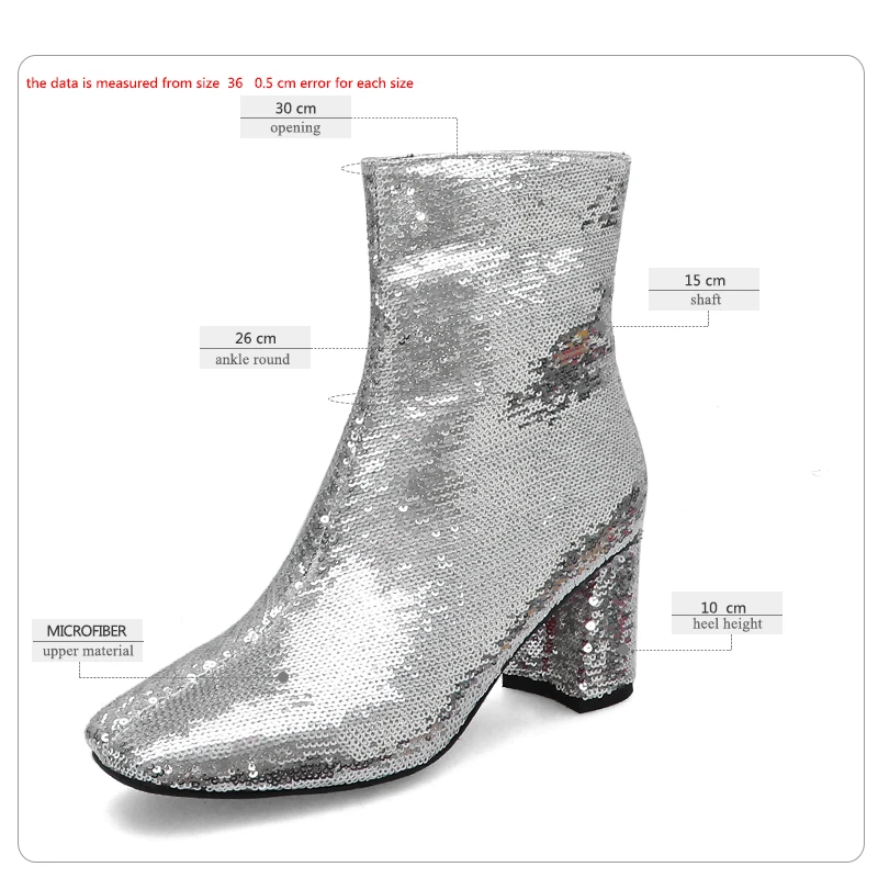 WETKISS Sequined Ankle Boots Women High Heels Booties Square Toe Shoes Female Bling Wedding Ladies Winter Plus Size 34-44 | Обувь