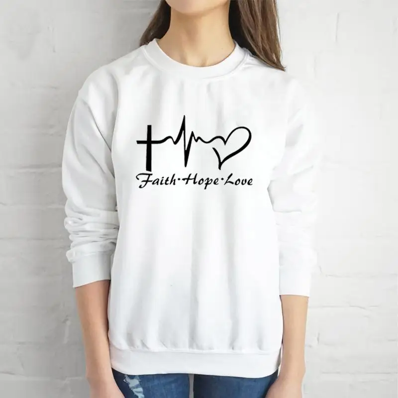 White-black txt Faith Hope Love, Женская толстовка, пуловер с круглым вырезом, с графическим сердечным ритмом, Harajuku, толстовка с капюшоном, одежда с христианским Иисусом, дропшиппинг, топы - Цвет: White-black txt