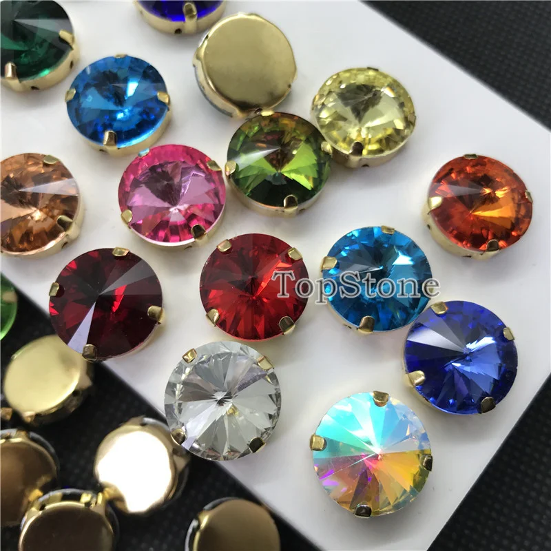 TopStone Round Rivoli Sew On Rhinestones With Gold Claw Setting 8 10 12 14 16 mm Sewing glass crystal stones for clothing | Дом и сад