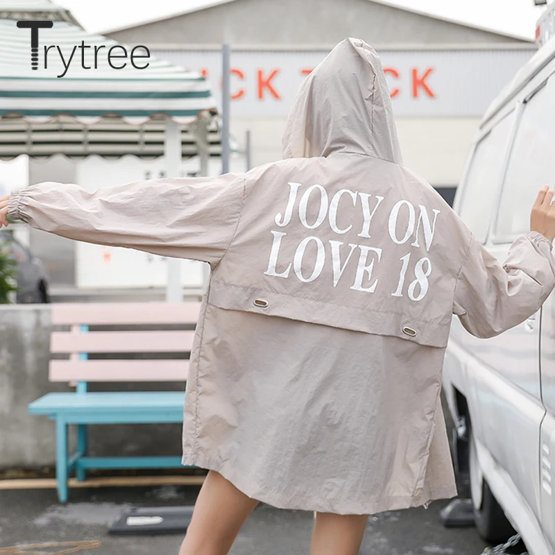 Trytree/куртки на лето и осень повседневные с капюшоном буквенными карманами молнии