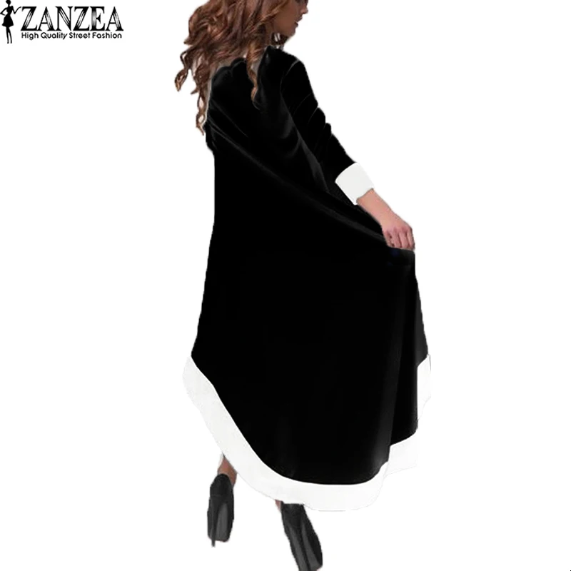 ZANZEA, модное женское платье, осень, Длинное Макси платье для вечеринки, пэчворк, ассиметричное, о-образный вырез, Vestidos, повседневное, свободное, размера плюс