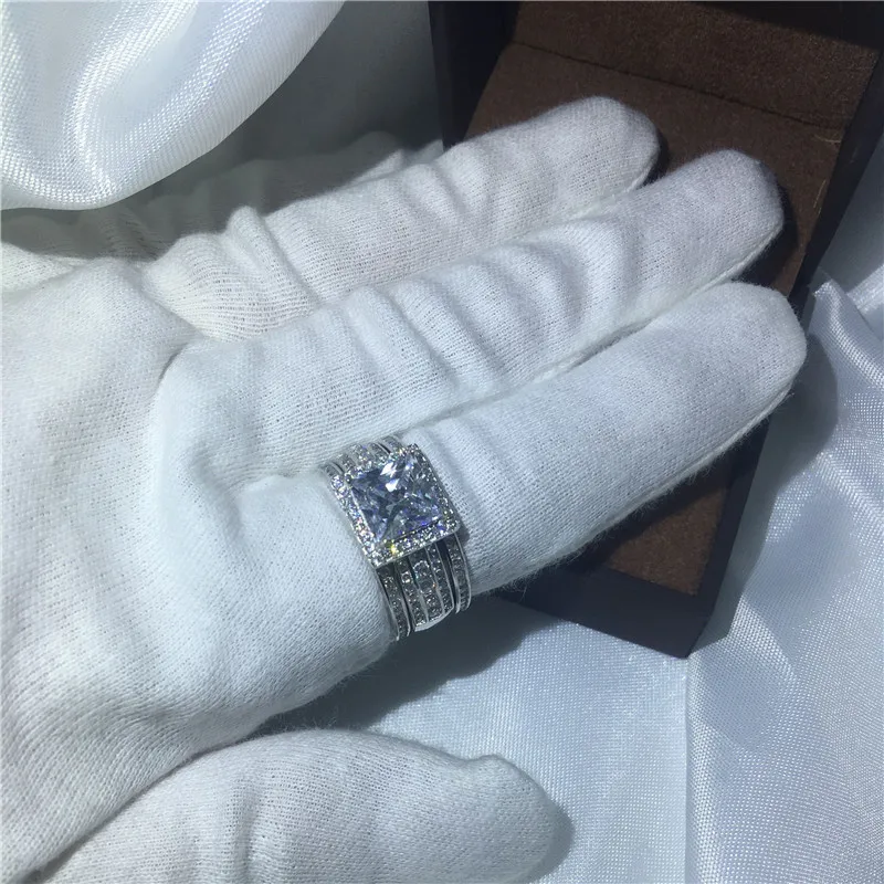 Ручной работы 3-в-1 кольцо из белого золота набор колец Принцесса cut 5A цирконием cz