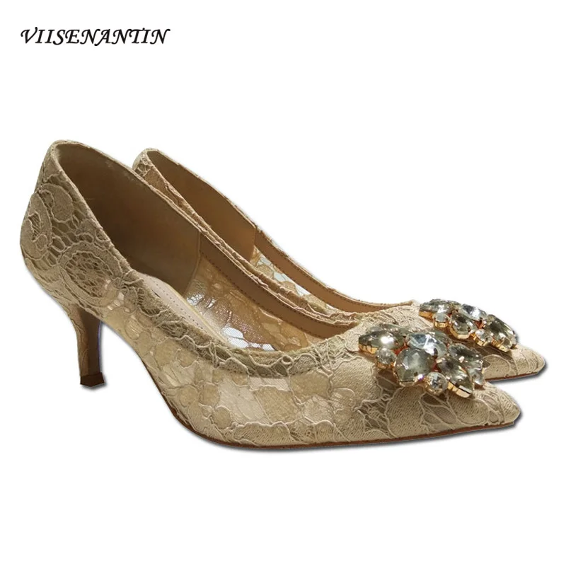 

VIISENANTIN 2019 spring summer lace high heel shoe crystal gemstone various color wedding pumps red nude single women shoe