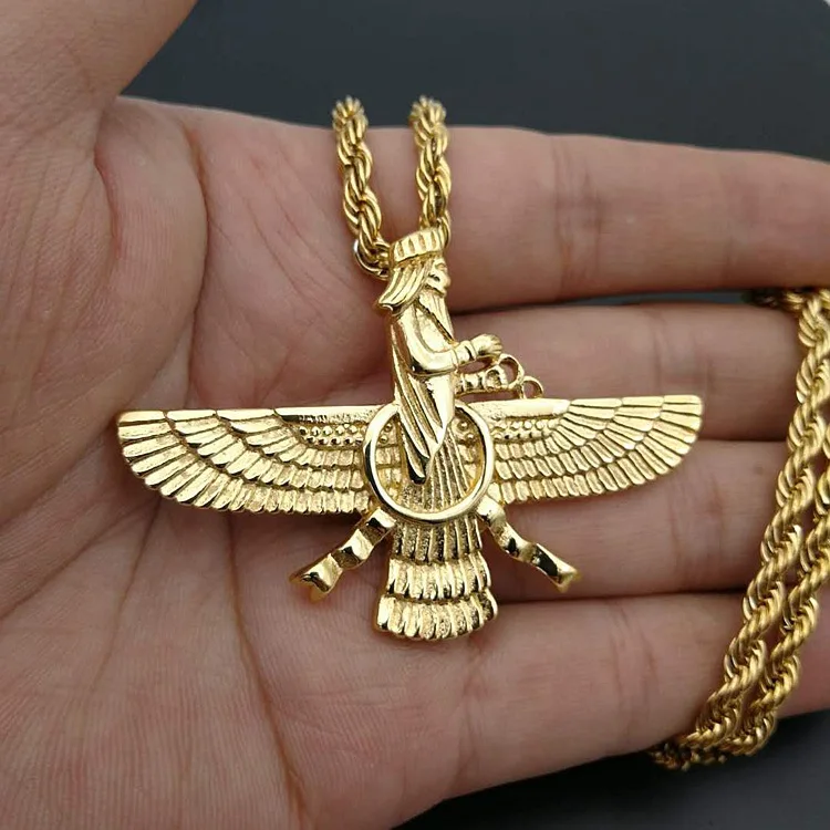 

Hip Hop Paved Faravahar Ahura Mazda Zoroastrian Pendant Necklace Gold color 316L Stainless Steel Men Jewelry