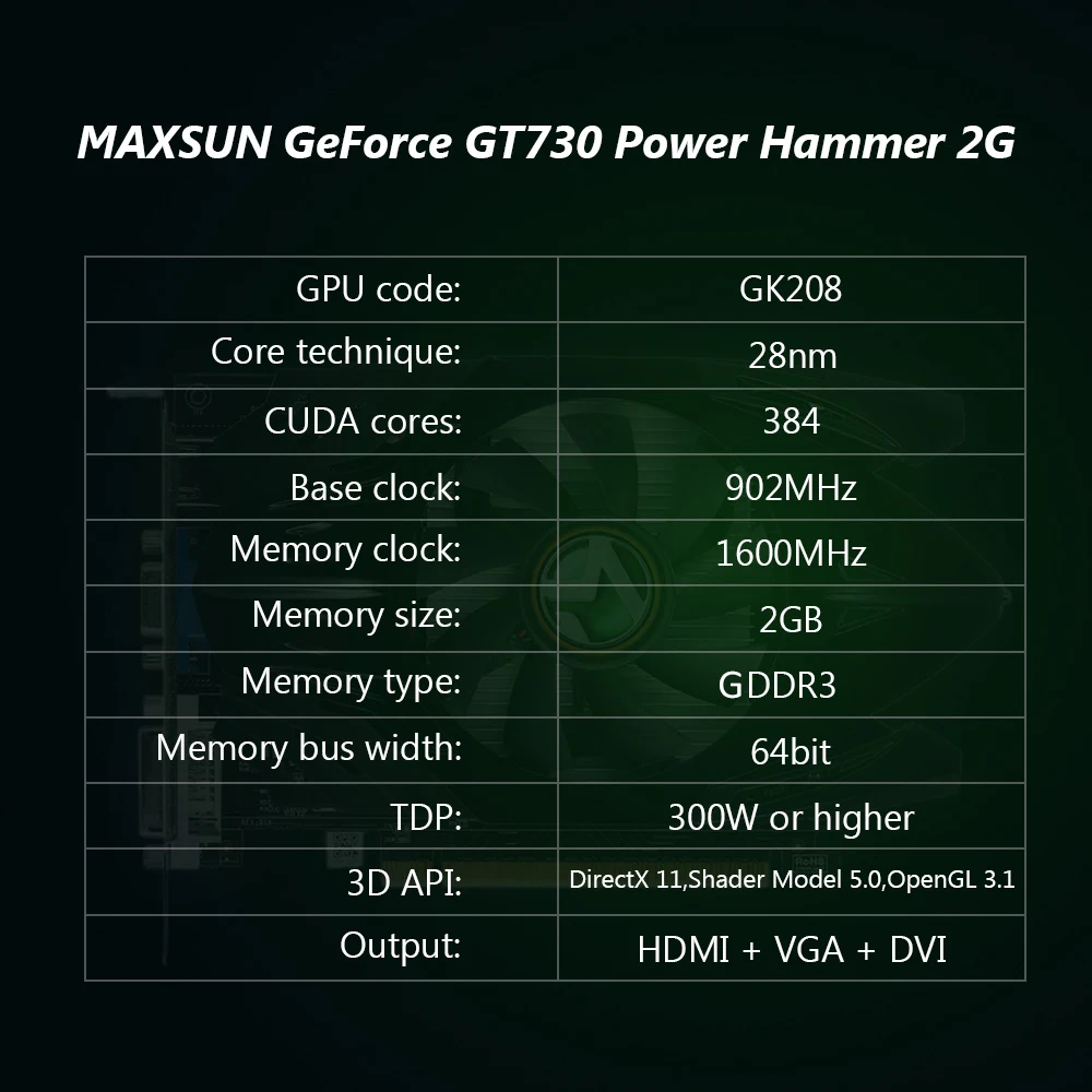 Игровая видеокарта MAXSUN GeForce GT730 Power Hammer 2G для компьютера 902 МГц/1600 МГц 64 бит GDDR3 PCI E