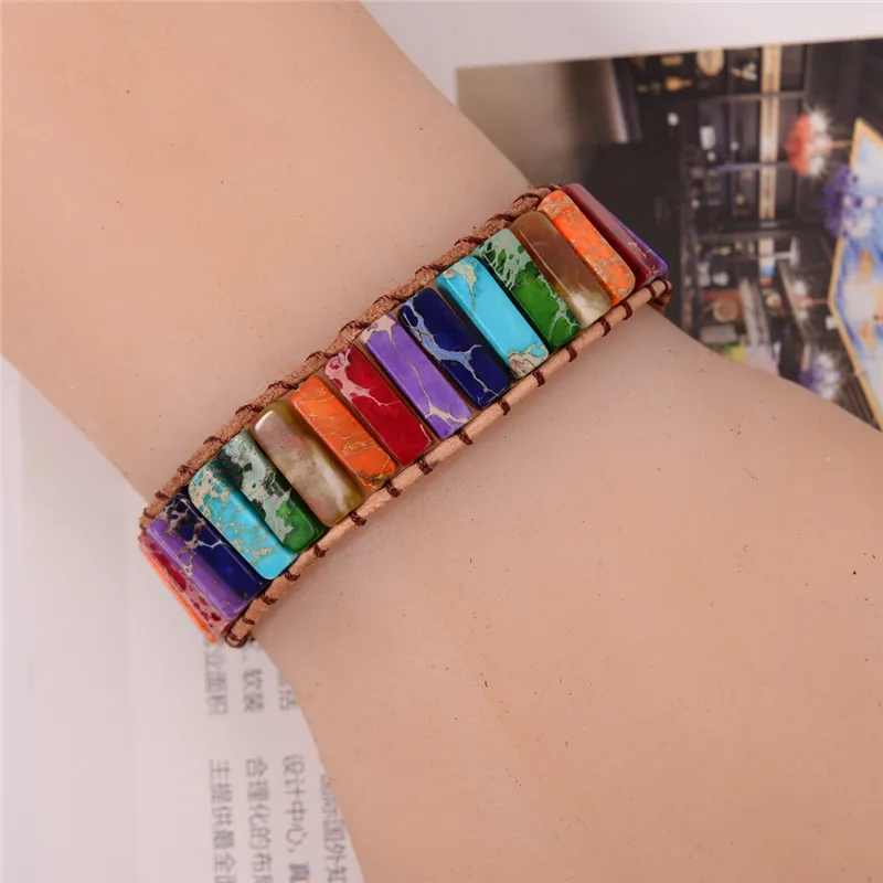 chakra Многоцветный Браслет Boho с натуральным камнем, браслет чакра, браслет, Прямая поставка, один кожаный браслет, мощное ювелирное изделие - Окраска металла: chakra