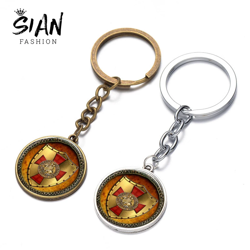 

SIAN Knights Templar Keychain Cross Shield Handmade Picture Glass Cabochon Alloy Key Ring Car Key Chain Masonic Gift Men Jewelry