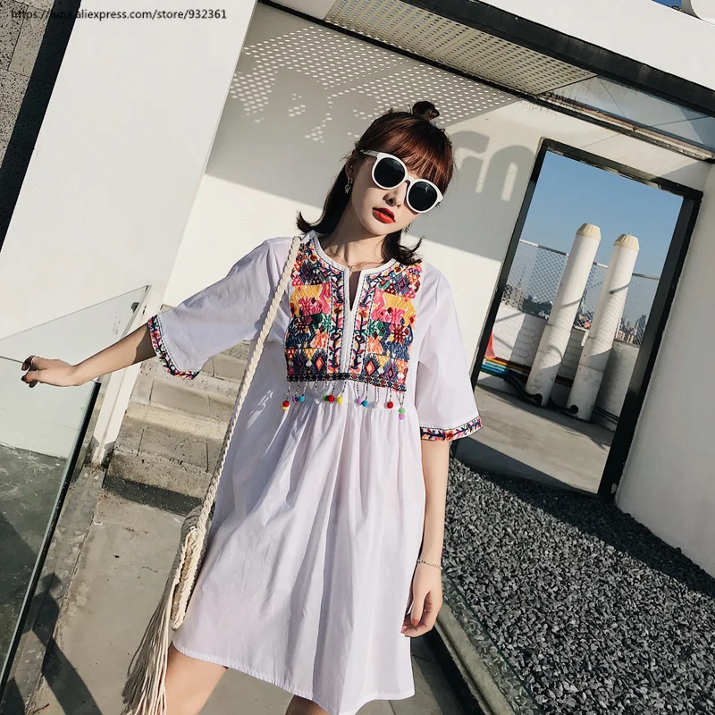Винтажное свободное мини платье с цветочной вышивкой женские летние короткие