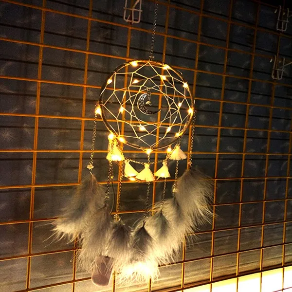 Gray Dream Catcher DIY Home decoration Handmade led Lighting Moon Design Feather Craft Hanging Dream Catcher for Kids girls room Gift - Цвет: Gray