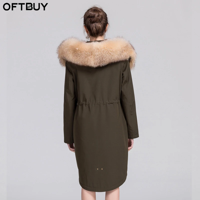 Oftbuy Новинка 2017 года Fashion хаки зимняя куртка женские парки пальто с мехом Real Natural