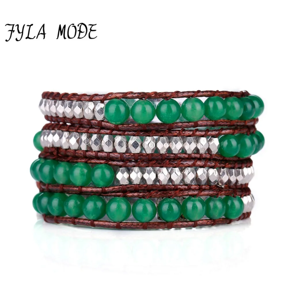 

Fyla Mode Hot Sale 4 Layered Natural Green Aventurine Beaded Immitation Leather Wrap Bracelet Wholesale SteamPunk Bracelet