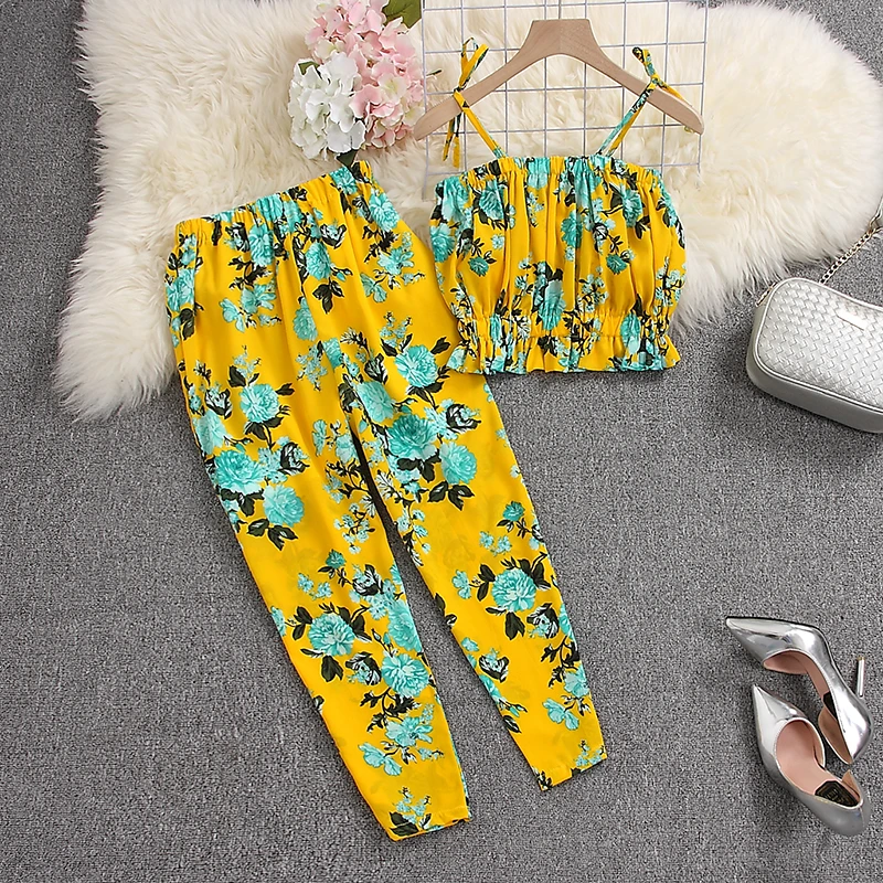 ALPHALMODA летний женский короткий топ с цветочным рисунком+ штаны, комплект из 2 предметов, повседневный топ на бретельках с принтом для праздников+ брюки с подкладкой, комплект из 2 предметов s